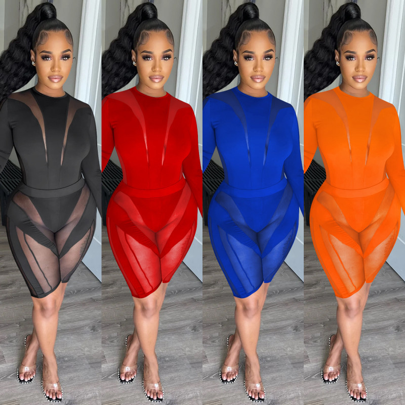 Fashion Women's Mesh Perspective Round Neck Pants Long Sleeve Two Piece Set