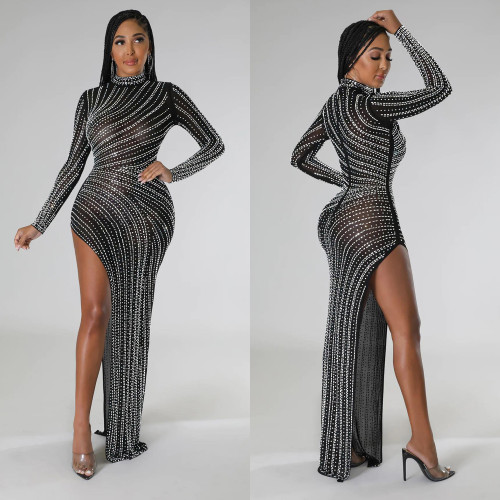 Fashion Women's Solid Mesh Scalded Long Sleeve Dress Dress