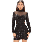 Fashion Sexy Perspective Mesh Round Neck Sequins Open Backpack Hip Party Dress