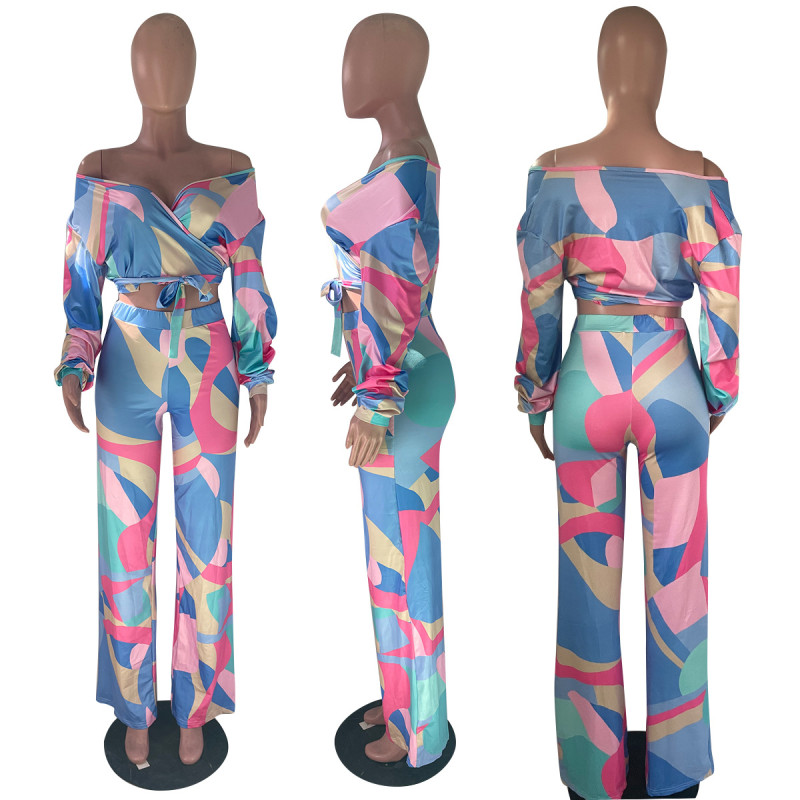 V-neck color printing fashionable casual suit