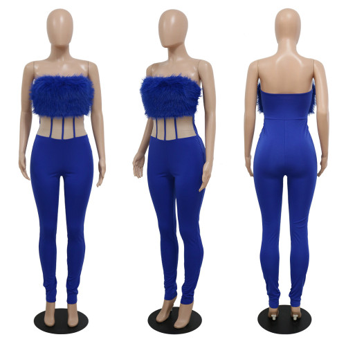 Fashionable sexy hair trimmed jumpsuit