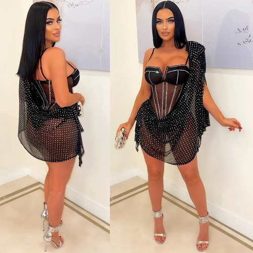 Fashion sexy perspective gauze hot drilling sling dress