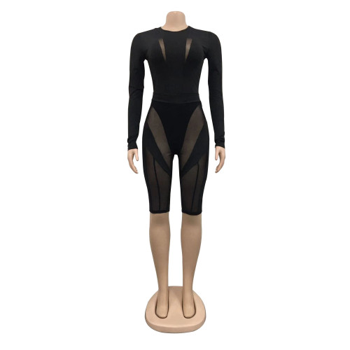 Fashion Women's Mesh Perspective Round Neck Pants Long Sleeve Two Piece Set