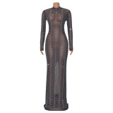 Women's sexy mesh perspective nightclub long sleeve dress