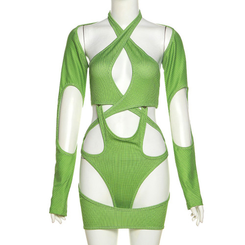 Sexy Spice Girl's Hollow out Print Long Sleeve Slim Bodysuit Shorts