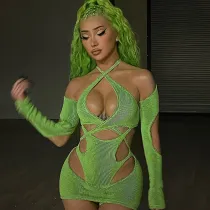 Sexy Spice Girl's Hollow out Print Long Sleeve Slim Bodysuit Shorts