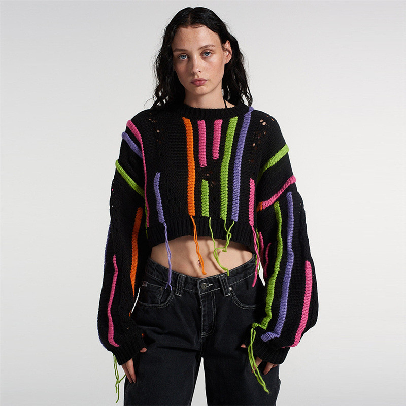 Street shot fashion knitwear color matching tassels casual sweater