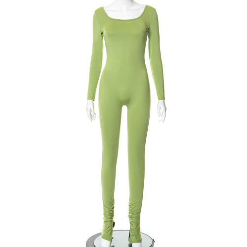 Slim fitting U-neck open back crinkle split long sleeve one-piece trousers