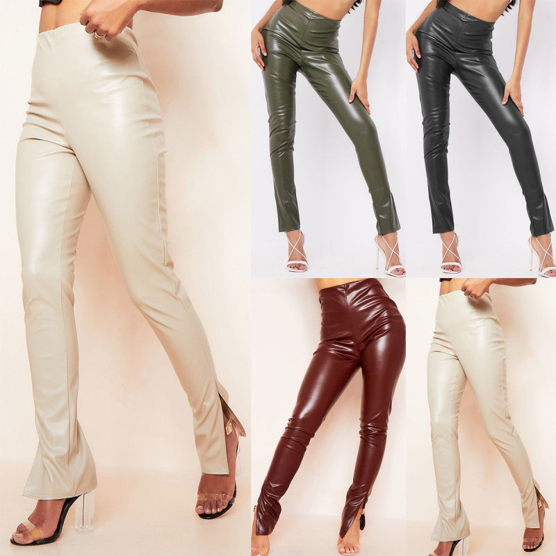 Fashion tight pants for women sexy split high waist micro pull PU leather pants