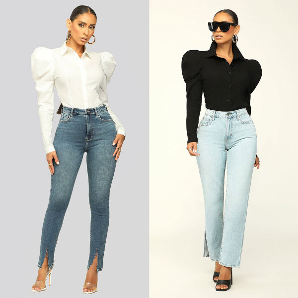 Fashion Versatile Shirt Women's Solid Simple Bubble Sleeve Slim Shirt
