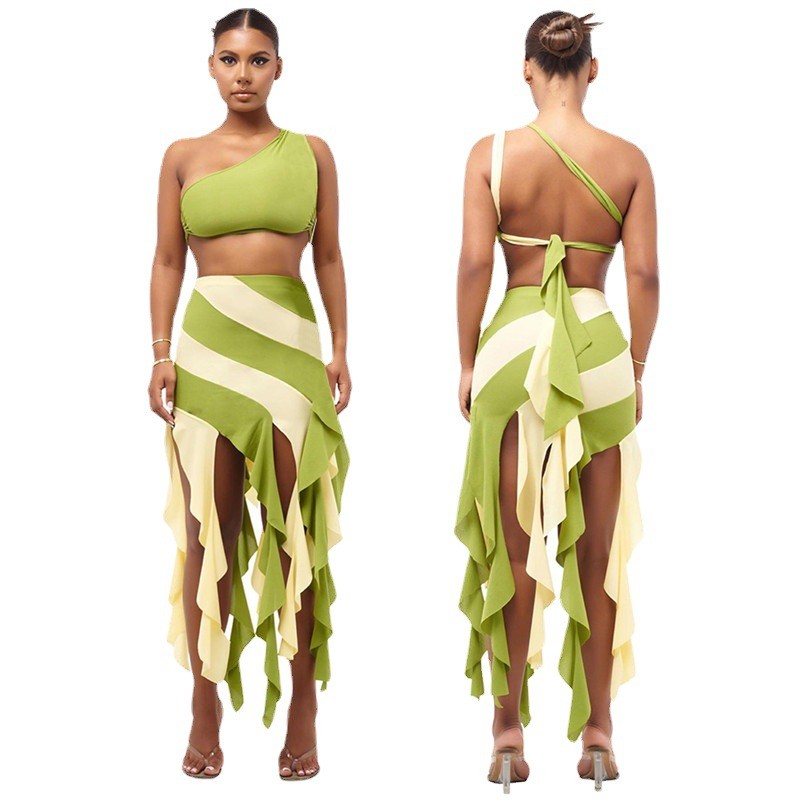 Street Fashion Diagonal Shoulder Personality Tassel Splice Contrast Irregular Dress Set