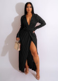 Sexy slit dress V-neck long sleeve pleated dress