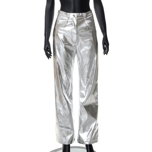 Fashion bright PU leather pocket zipper loose casual trousers