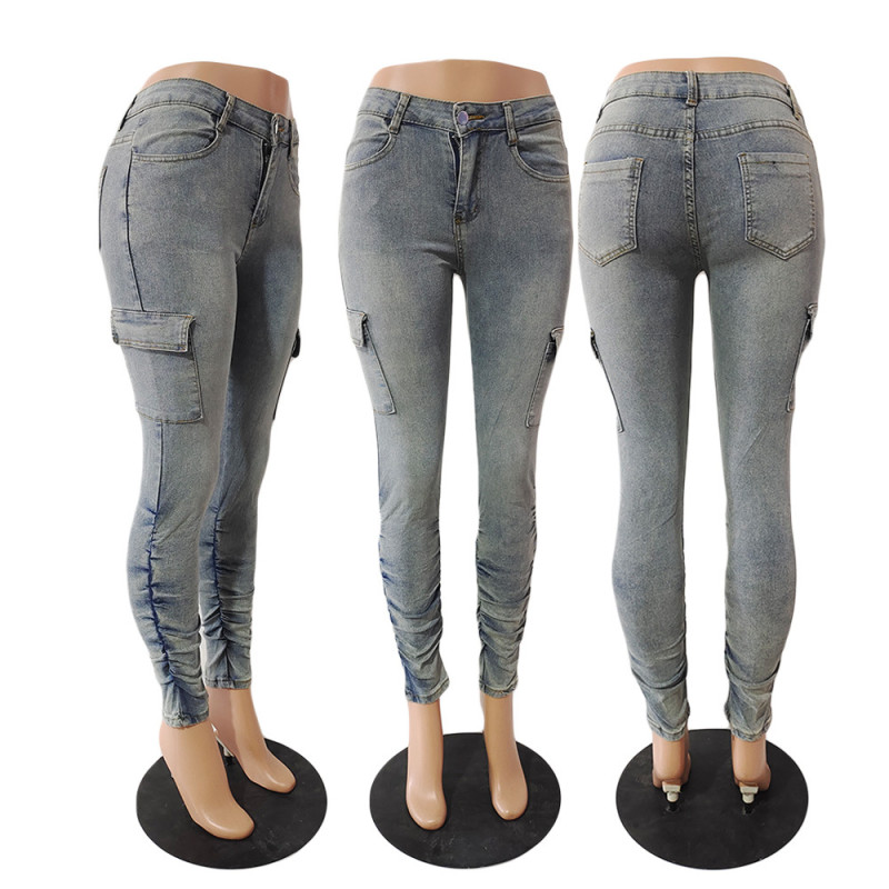 Fashionable and personalized low rise high elastic jeans with pleated side pockets