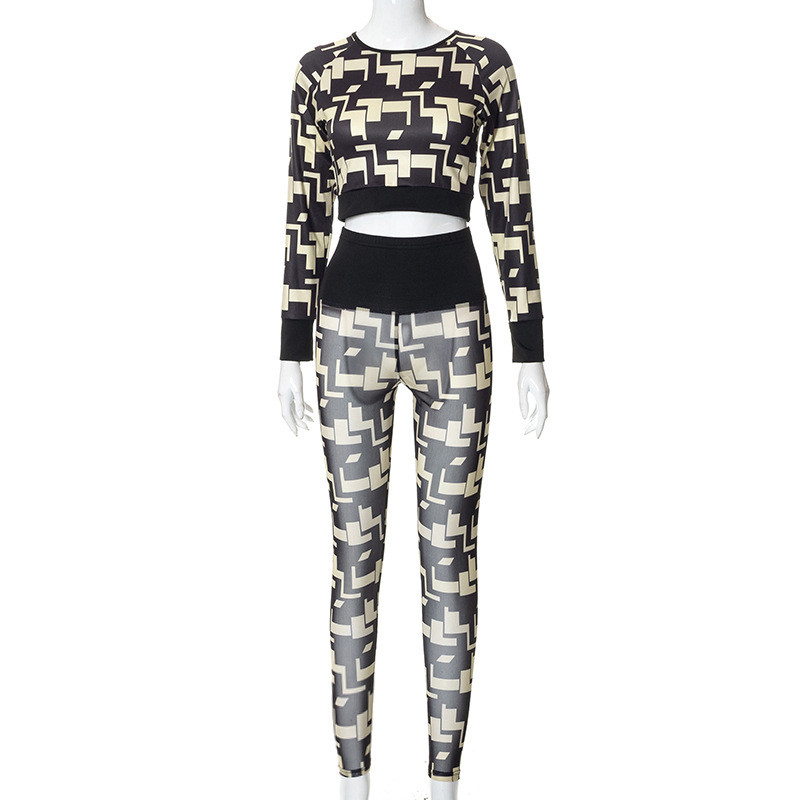 Autumn and winter printing tight long sleeve top mesh perspective trousers sports casual suit