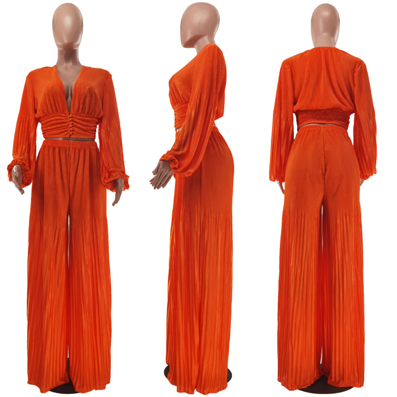 Pleated sexy V-neck top wide leg pants casual suit