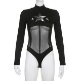 Star pattern color contrast basic mesh perspective splicing sexy pile collar long sleeve one-piece suit