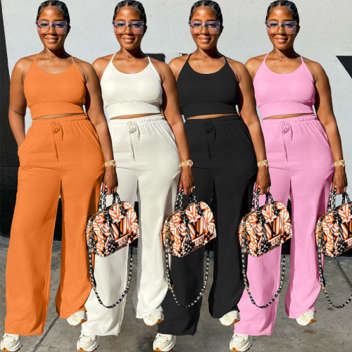 Women's solid casual vest round neck flared sleeve wide leg pants three piece set