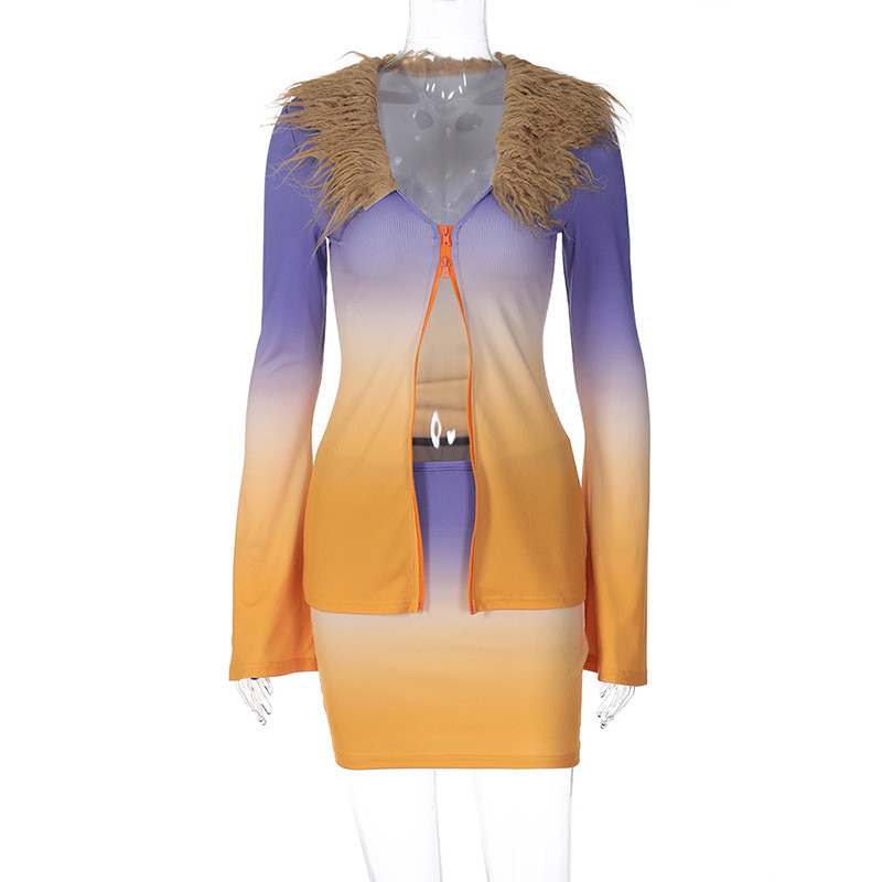 Gradual color printed patchwork wool long sleeve top hip wrap skirt suit