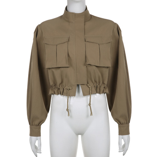 Solid color patchwork pocket loose casual work style lapel lanyard short jacket jacket