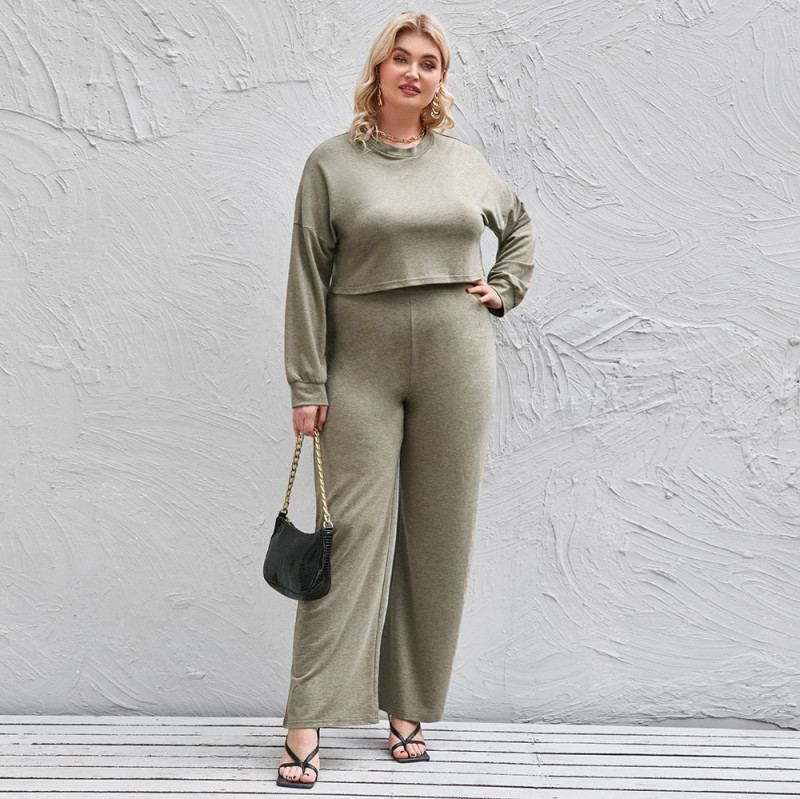 Large Fat Women's Casual Mother Solid Long Sleeve Pullover Top Wide Leg Pants Set