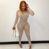 Sexy Long Sleeve Tight Hollow Through Perforated Jumpsuit Pants