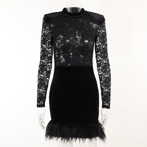 Sexy bag buttocks Lace splicing fleece fur perspective Spicy girls skirt dress