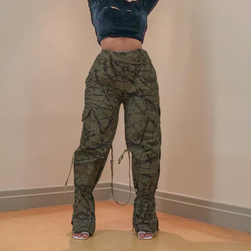 Fashion Leaf Print Lace up Pocket Casual Pants overalls