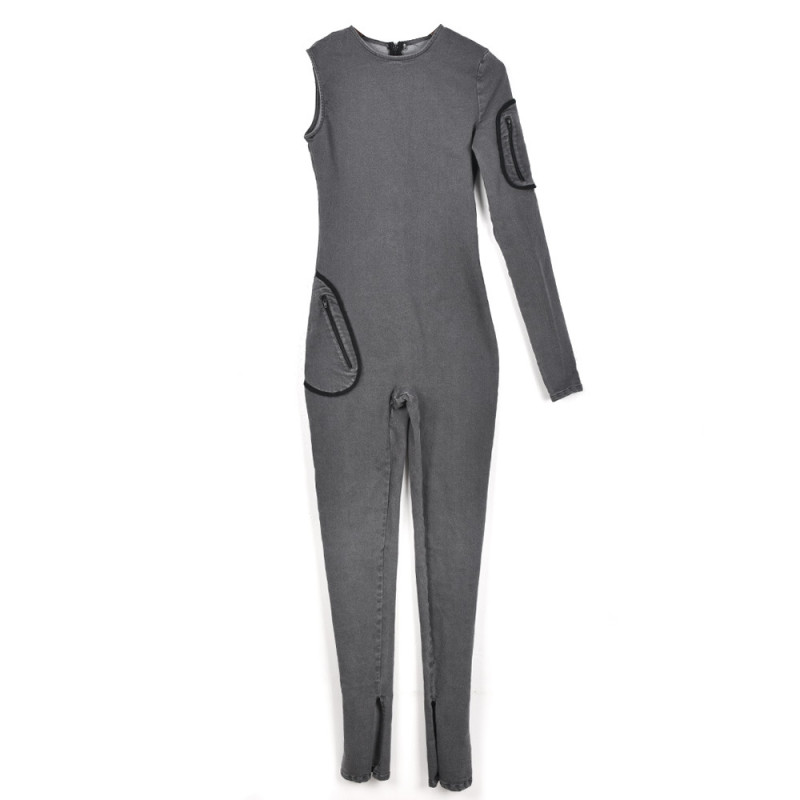 Cut out zipper long one-sided sleeve jumpsuit