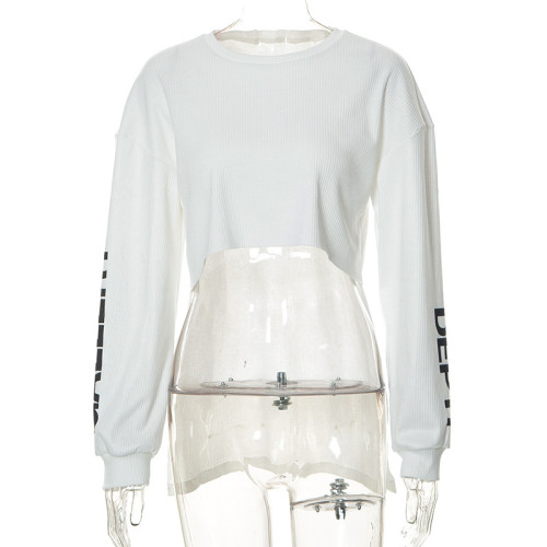 Fashion printed round neck long sleeve open navel shirt shirt top
