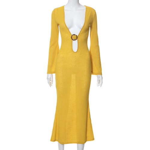 Fashion Deep V Slim Long Sleeve Slim Sexy Dress