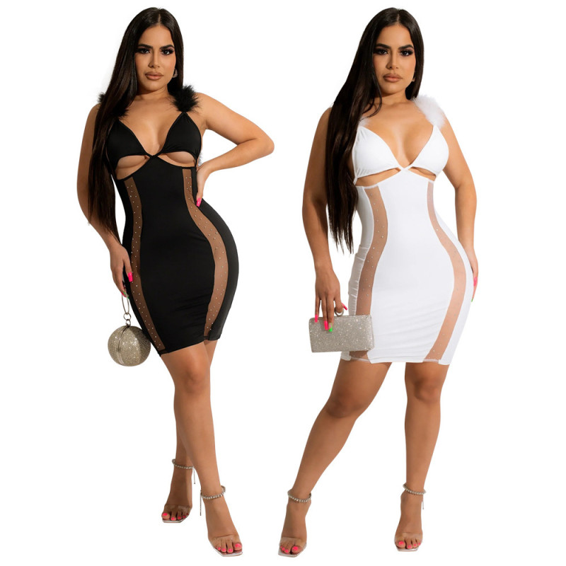 Solid V-neck wool sling sleeveless backless hollow mesh tight hip bag elegant jumpsuit short