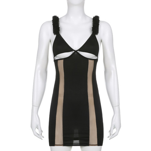 Solid V-neck wool sling sleeveless backless hollow mesh tight hip bag elegant jumpsuit short