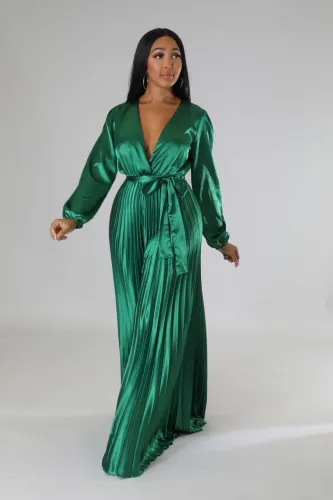 Fashion Pleated Heat Setting Solid Sexy V-Neck High Waist Wide Leg Jumpsuit