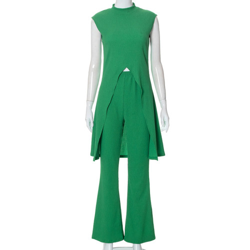 Solid casual sleeveless round neck top slim trousers suit
