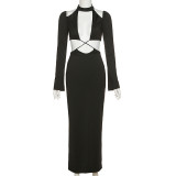 Sexy Spice Girl Hollow out Splice Solid Slim Wrap Hip Dress