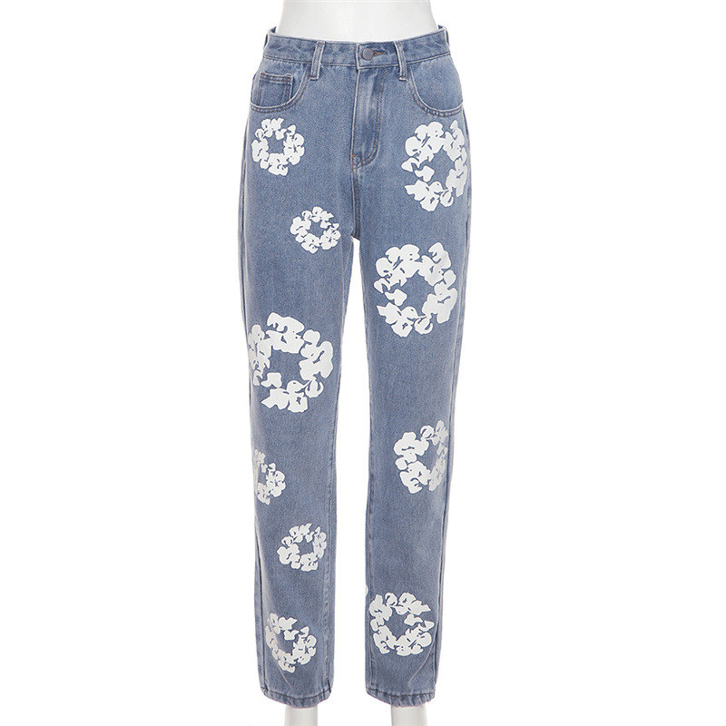 Women's New Street Fashion Versatile Daisy Print High Waist Straight Fit Jeans