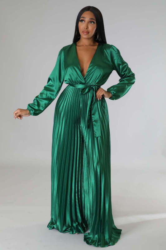 Fashion Pleated Heat Setting Solid Sexy V-Neck High Waist Wide Leg Jumpsuit