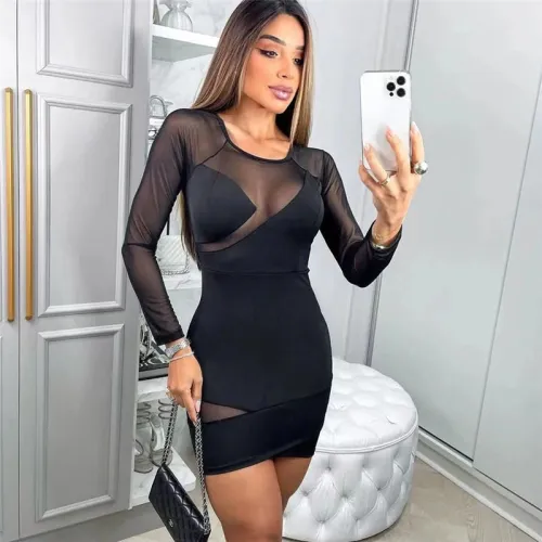 Women's round neck long sleeve perspective mesh splicing sexy slim bag hip dress
