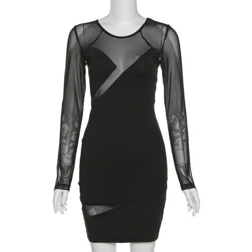 Women's round neck long sleeve perspective mesh splicing sexy slim bag hip dress