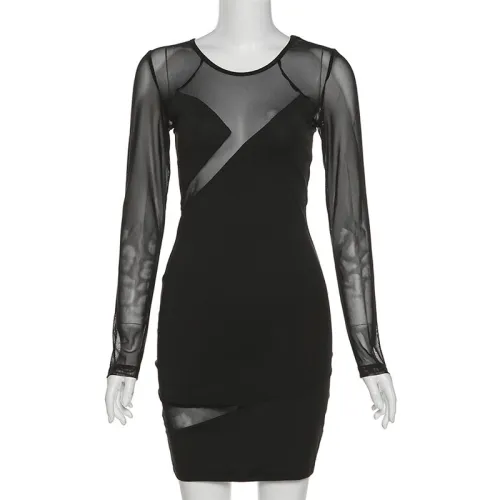 Women's round neck long sleeve perspective mesh splicing sexy slim bag hip dress