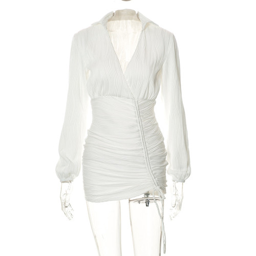 Solid casual lapel long sleeve pleated slim short dress