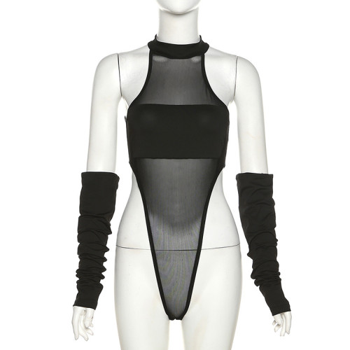 Women's fashion round neck perspective mesh one-piece fitting T-shirt