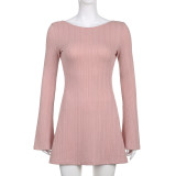 Women's U-shaped backless sexy slim solid micro flare long sleeve knitted dress