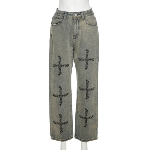 Women's fashion low waist vintage print slim straight denim trousers
