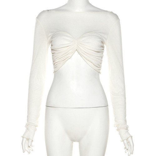 Women's long sleeve round neck design pleated short open navel slim t-shirt