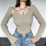 Women's solid slim exposed navel street fashion V-neck long sleeve T-shirt