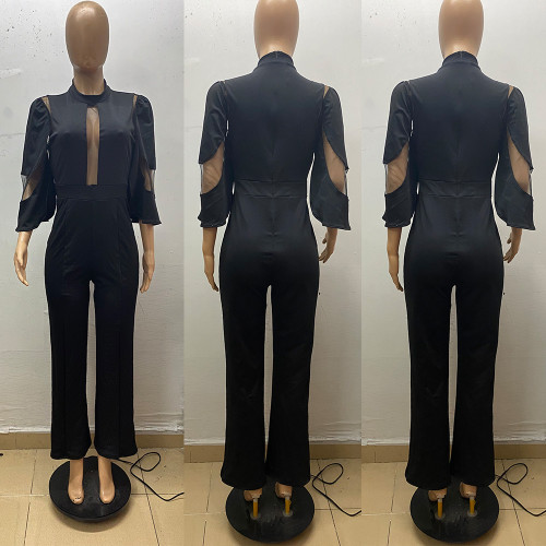 Classic solid diagonal neck button one piece wide leg pants