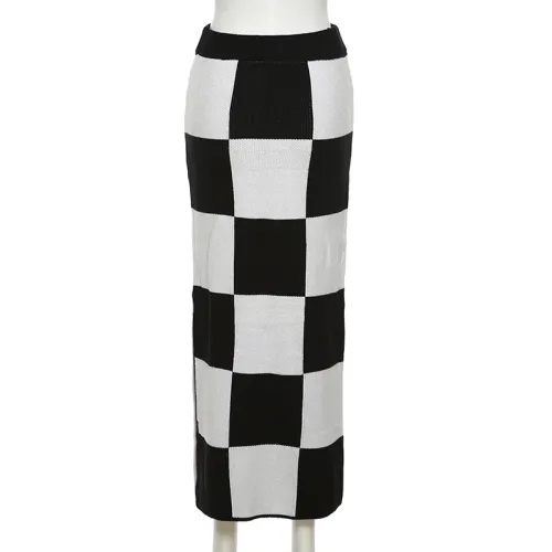 Women's fashion high waist slim slit hip bag checkerboard skirt
