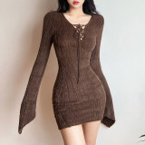 Women's solid sexy long sleeved lace up hip dress